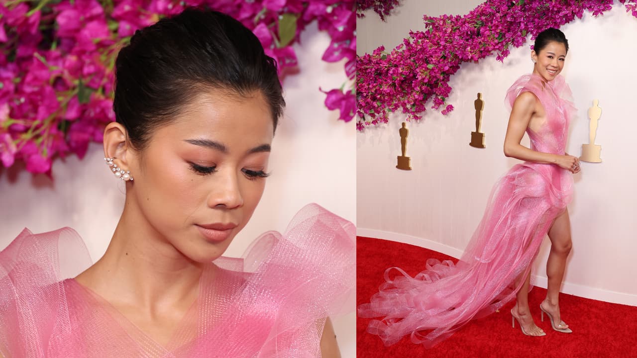 La actriz Leah Lewis, de la nominada película 'Elemental', se decidió por este tipo de vestido rosa.