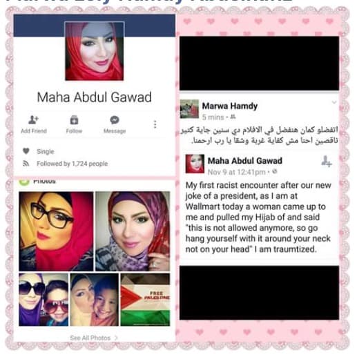 Cuenta falsa de Facebook que denunció un crimen de odio contra musulmana que jamás ocurrió.