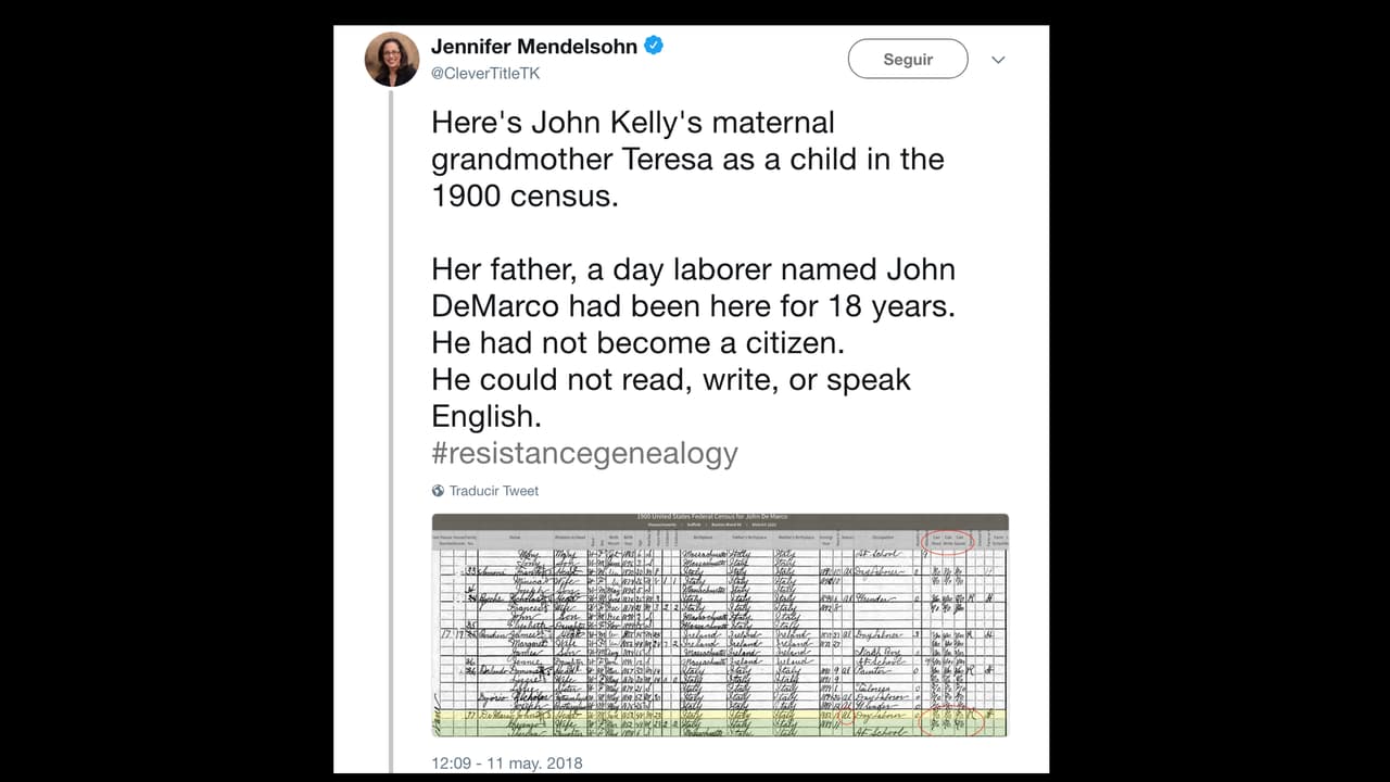 “Aquí está la abuela materna de John Kelly, Teresa, una niña en el censo de 1900”, publicó Mendelsohn junto a los documentos históricos. “Su padre, un jornalero llamado John DeMarco había estado aquí por 18 años. No se hizo ciudadano, no podía leer, escribir o hablar inglés”, aseguró.