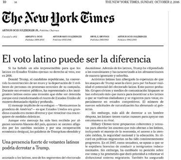 Sunday's first ever editorial in Spanish in the The New York Times print edition