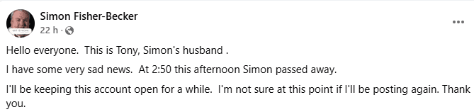 El esposo de Simon Fisher-Becker, Tony Dugdale, compartió un mensaje tras el fallecimiento del actor.