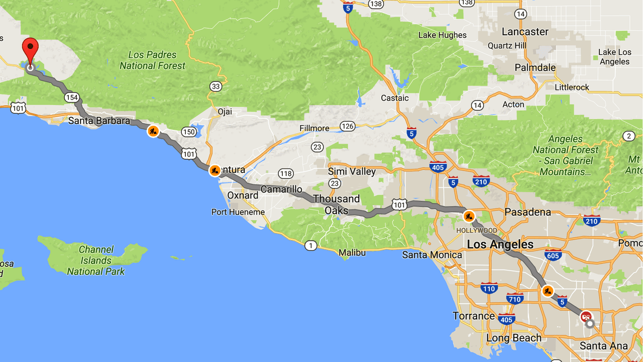 Esta sería la supuesta ruta que habría recorrido el padre del niño desde Disneyland, donde fue visto por última vez 'Piqui', hasta Lake Cachuma.