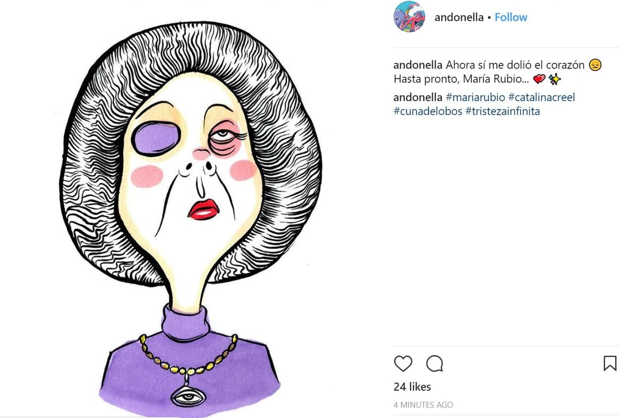 La ilustradora mexicana Andrea Arsuaga recreó a Catalina Creel. Este personaje de 'Cuna Lobos', que la consagró como la villana de las villanas, escaló al segundo lugar de los
<i>trending topics</i> de Twitter en México luego de conocerse la noticia del deceso de la actriz.
