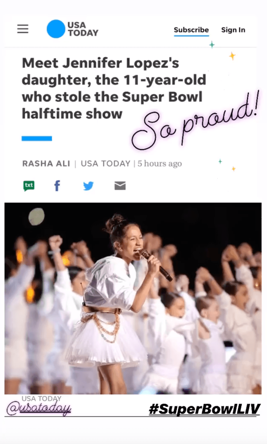 Precisamente, este lunes, Jennifer López destacó en Instagram el titular del diario
<b> USA Today</b>, que afirma que Emme Muñiz se robó el espectáculo. "Estoy tan orgullosa", expresó la artista de 50 años.