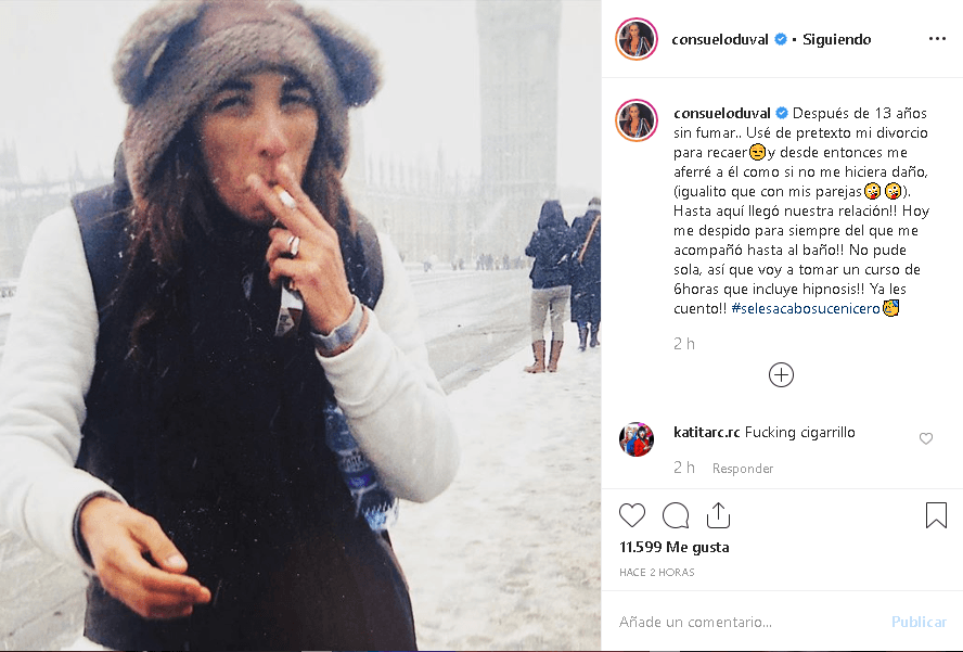 "Después de 13 años sin fumar... usé de pretexto mi divorcio para recaer y desde entonces
<b>me aferré a él como si no me hiciera daño</b> (igualito que con mis parejas)", bromeó la actriz.