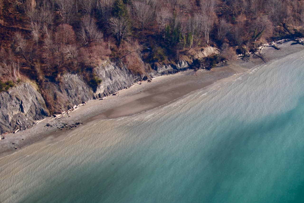 Contraste otoñal entre mar y costa. Seattle, Washington.