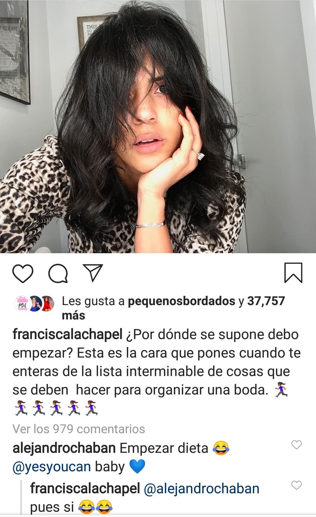 Más de 37 mil seguidores reaccionaron a la fotografía donde se le nota agobiada por el trabajo que tiene pendiente antes de llegar al gran día. Alejandro Chabán no dudó en aconsejarle que comience por la dieta.