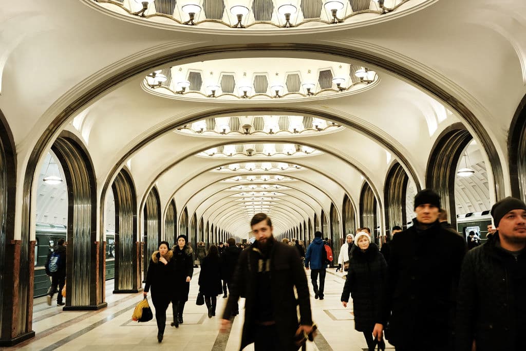 MOSCOW, RUSSIA - MARCH 03: Pedestrians walk through the Mayakovskaya metro station on March 3, 2017 in Moscow, Russia. Relations between the United States and Russia are at their lowest point in years as evidence mounts about the complex relationship between President Donald Trump's administration and the Russian government. (Photo by Spencer Platt/Getty Images)