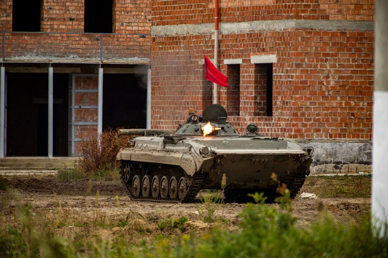 A Russian-made BMP infantry fighting vehcile during Ukrianian military training exercises in 2021 at the Yavoriv Combat Training Center near Lviv in western Ukraine.