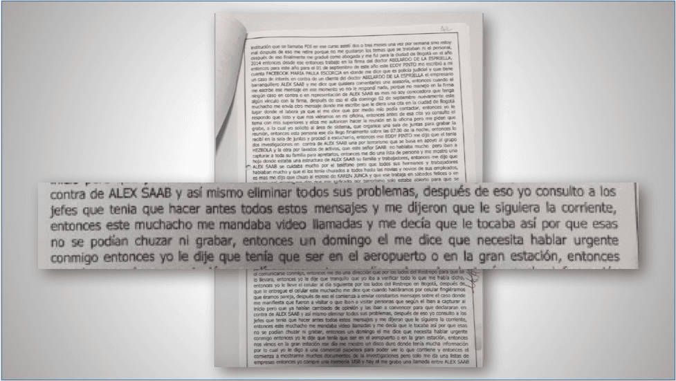 Fragmento de la declaración de la abogada María Paula Escorcia, del despacho del abogado de Saab