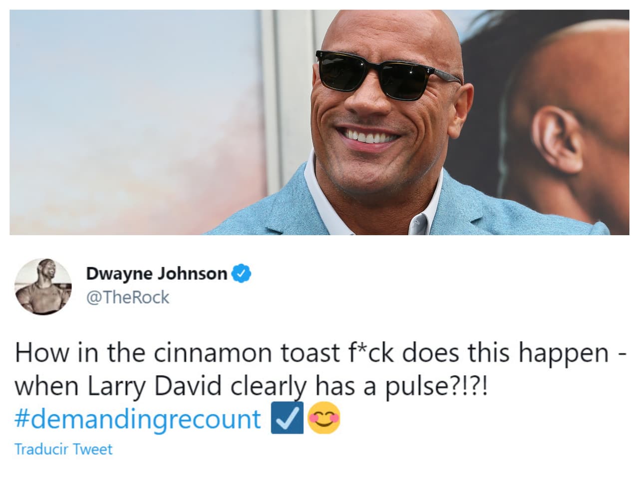 <b><a href="https://www.univision.com/famosos/the-rock-venta-casa-campo-georgia-fotos" target="_blank">Dwayne Johnson 'The Rock'</a>, </b>quien ocupó la novena posición, con 2.6 millones de menciones, también se burló de los resultados, pidió recuento de votos y mencionó que 
<b><a href="https://twitter.com/TheRock/status/1375872660194820101" target="_blank">el actor Larry David merecía el honor. </a></b>