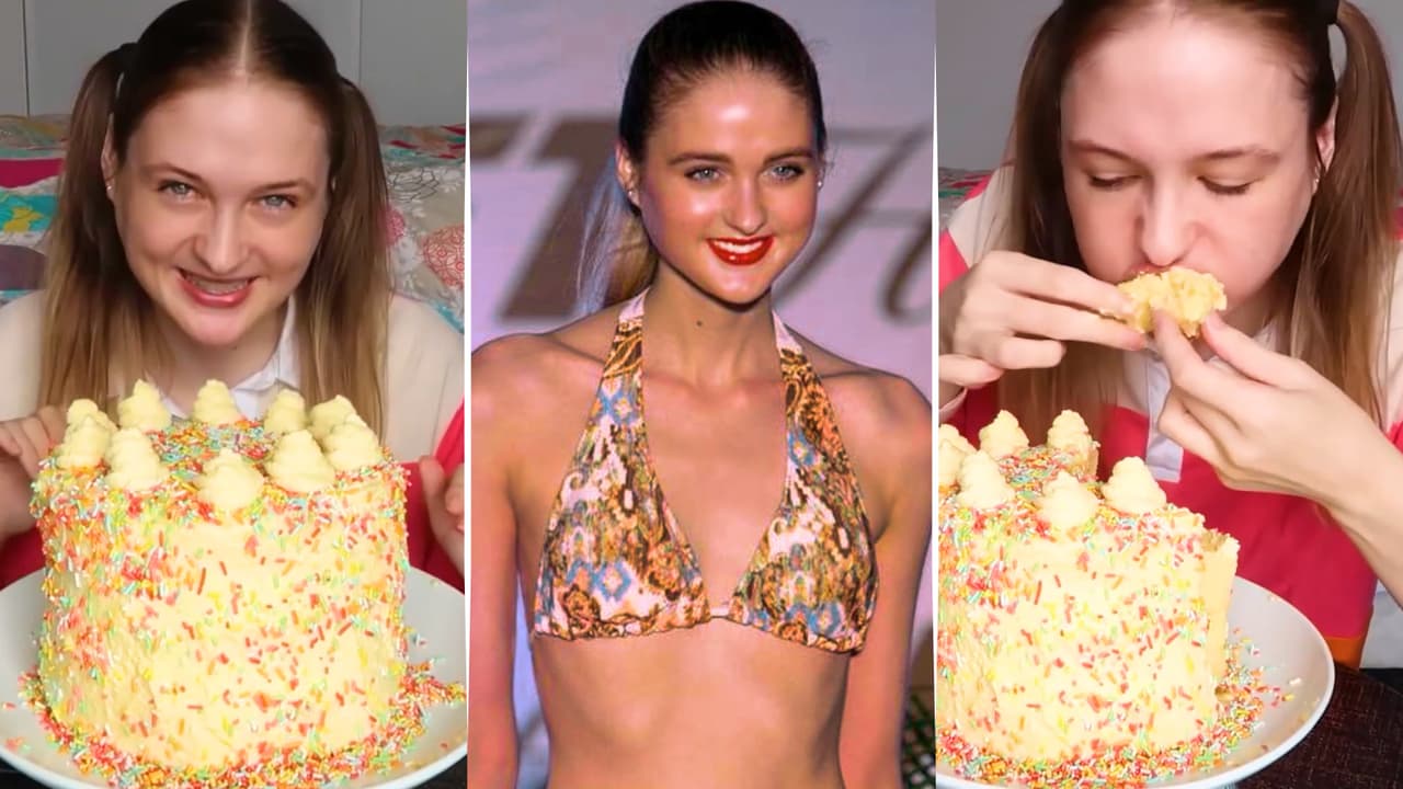 ¿Te comerías un pastel de 3 pisos en 5 minutos? Esta modelo lo intentó y el resultado es impresionante