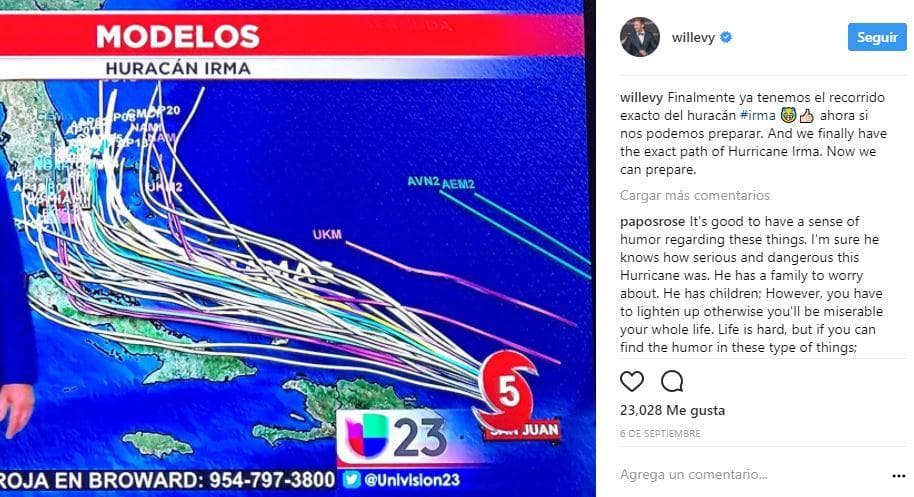 "Finalmente ya tenemos el recorrido exacto del huracán”, comentó el actor a sus 5 millones de seguidores. El mensaje fue interpretado como una broma de mal gusto por algunos usuarios, quienes no dudaron en criticar al galán cubano.