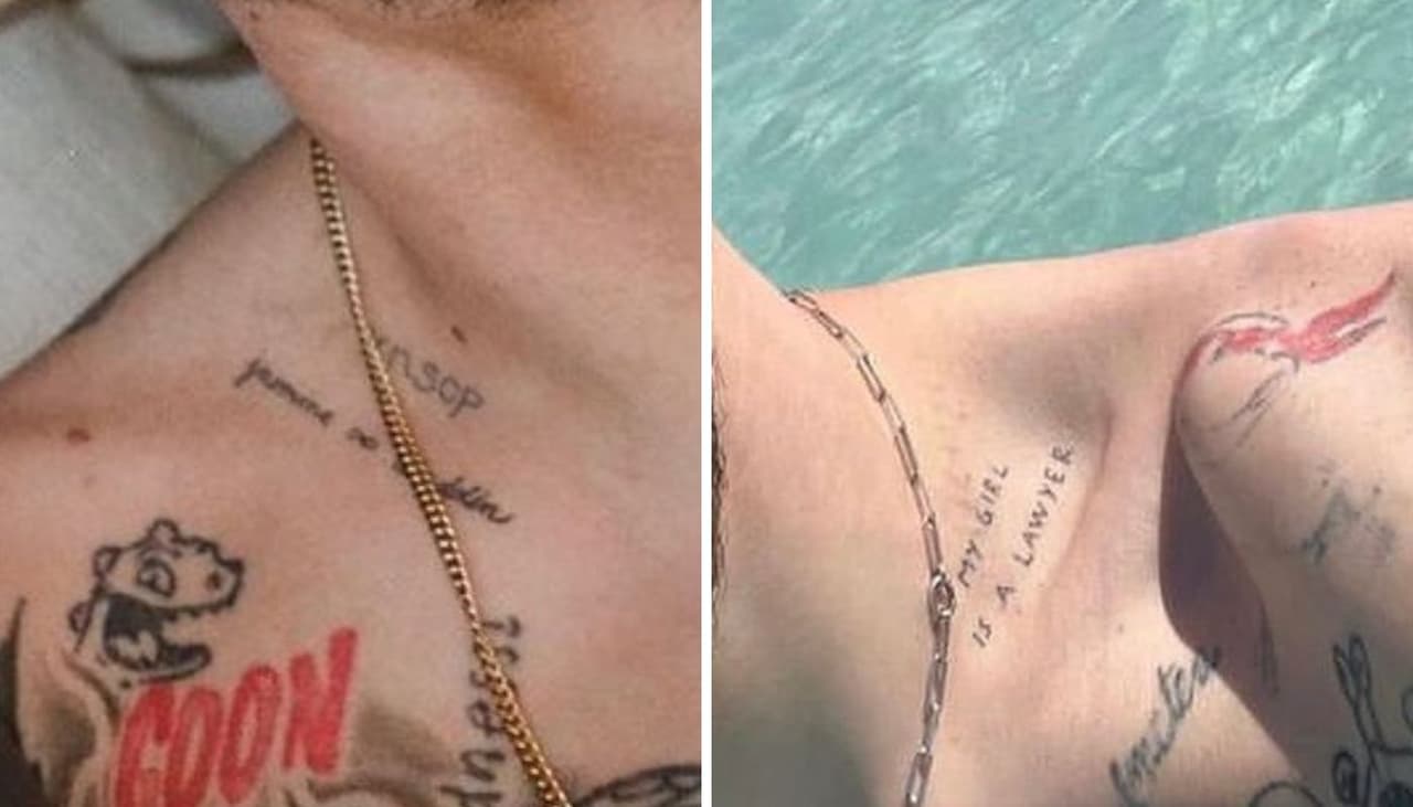 Uno de ellos fue el nombre de "Kim" y a un lado de la clavícula se podían observar las iniciales de la socialité y las de sus hijos: North, Saint, Psalm y Chicago ("KNSCP"). Un tercer tatuaje dice "Jasmine Aladdin" con un símbolo de infinito en medio, mientras que el cuarto es la frase "Mi chica es abogada".