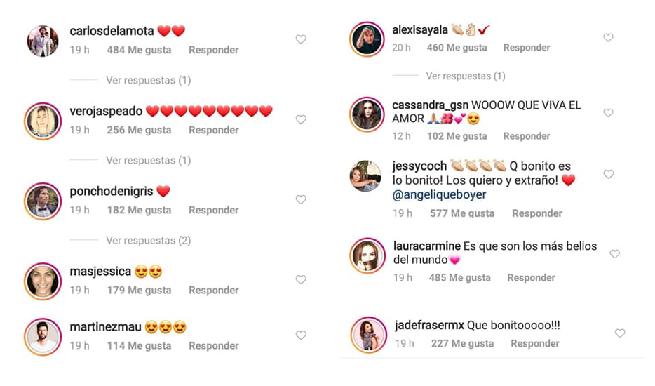 Este intercambio de textos fue aplaudido por algunos de sus famosos amigos como Alexis Ayala, Laura Carmine, Jessica Coch, Carlos de la Mota, entre otros.