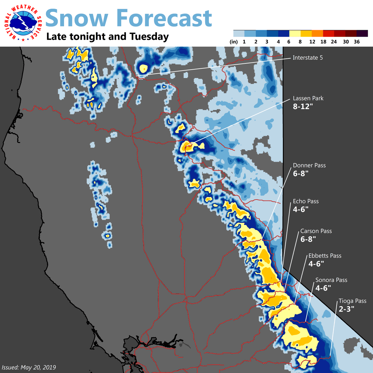 Tanto el Servicio Nacional de Meteorología como la Patrulla de Caminos de California reportaron que la nieve pudiera continuar la noche de este lunes 20 de mayo y hasta mañana martes 21 y por ello compartieron un mapa de la región con las proyecciones de nevadas.