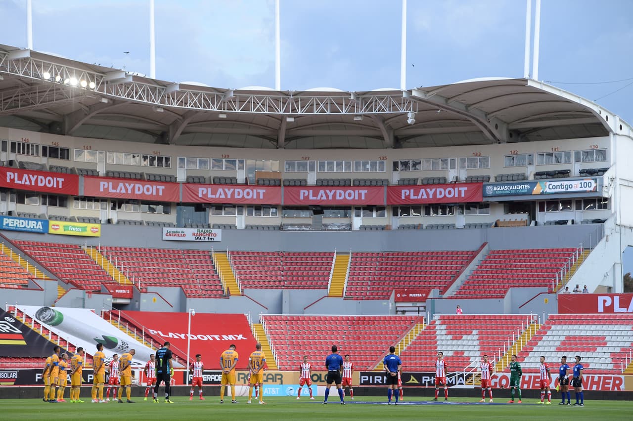 during the game Necaxa vs Tigres UANL, corresponding to Day 01 of the Torneo Apertura Guard1anes 2020 of the Liga BBVA MX, at Victoria Stadium, on July 24, 2020. <br><br> durante el partido Necaxa vs Tigres UANL, correspondiente a la Jornada 01 del Torneo Apertura Guard1anes 2020 de la Liga BBVA MX, en el Estadio Victoria, del 24 de Julio de 2020.
