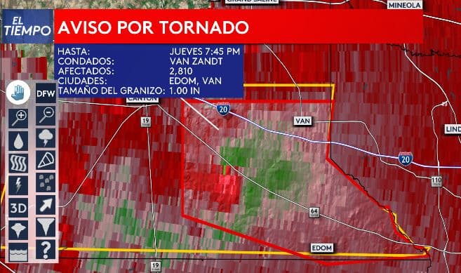 Aviso por tornado: Hasta las 7:45 pm. Afecta parte del condado de Edom.