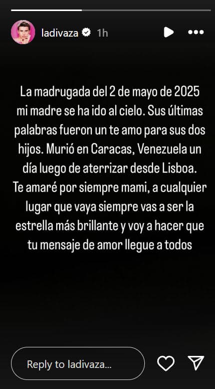 ‘La Divaza’ reveló que no pudo estar al lado de su mamá cuando murió pues esta se encontraba en Caracas, Venezuela, país al que ella no puede ingresar actualmente.