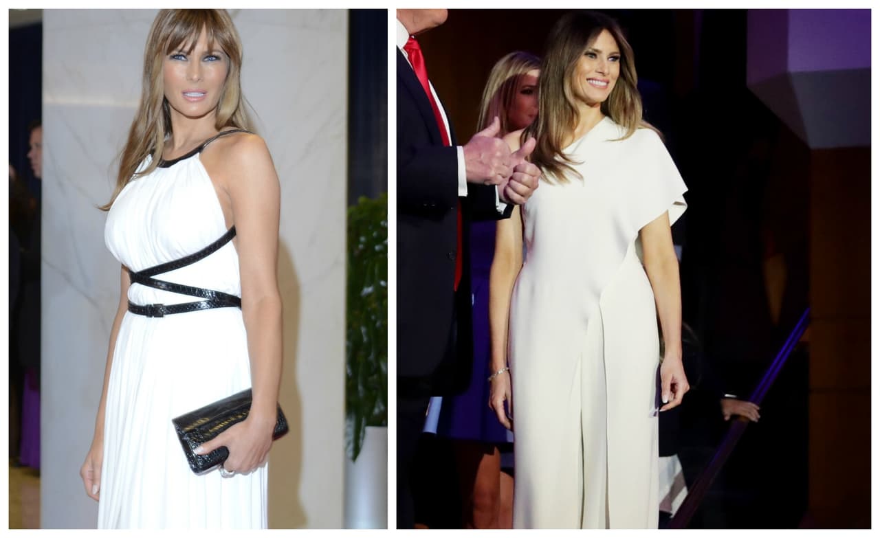 El blanco ha sido desde siempre un color imperante en el estilo de Melania Trump. Pero de llevarlo de formas exóticas con cortes que dejaban enseñar siempre algo de piel, lo ha empezado a llevar de forma elegante con cortes complejos pero sofisticados como este
<i> jumpsuit</i> de 
<b>Ralph Lauren </b>que eligió para el discurso de aceptación como presidente, la noche del 8 de noviembre.