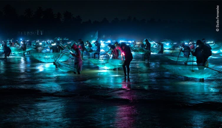 El fotógrafo Eladio Fernandez pasó muchas noches tratando de captar el momento preciso en que estos pescadores levantaron sus redes de las olas entrantes.
<br>
<br>En la costa de República Dominicana, cientos de pescadores se reúnen alrededor de los estuarios desde el amanecer hasta el anochecer durante cinco meses para capturar anguilas americanas.