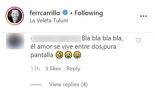 También hubo quienes criticaron su derroche de amor virtual. Por ejemplo, una seguidora le dijo que "el amor se vive entre dos" y que lo que él hacía era 
<b><a href="https://www.univision.com/shows/el-gordo-y-la-flaca/con-50-anos-fernando-carrillo-se-desnuda-por-primera-vez-frente-a-camaras-de-tv-video" target="_blank">"pura pantalla"</a>. </b>
<br>