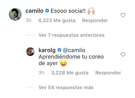Su publicación se llenó de comentarios rápidamete. Entre ellos, están los de varios de sus amigos famosos. "¡Eso socia!", le escribió Camilo.