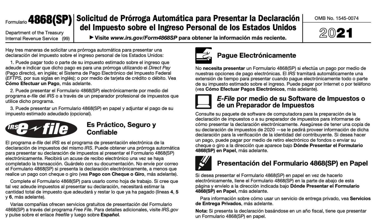 Los contribuyentes pueden pedir una extensión electrónicamente por medio del 
<a href="https://www.irs.gov/pub/irs-pdf/f4868sp.pdf" target="_blank">Formulario 4868 </a>en español.