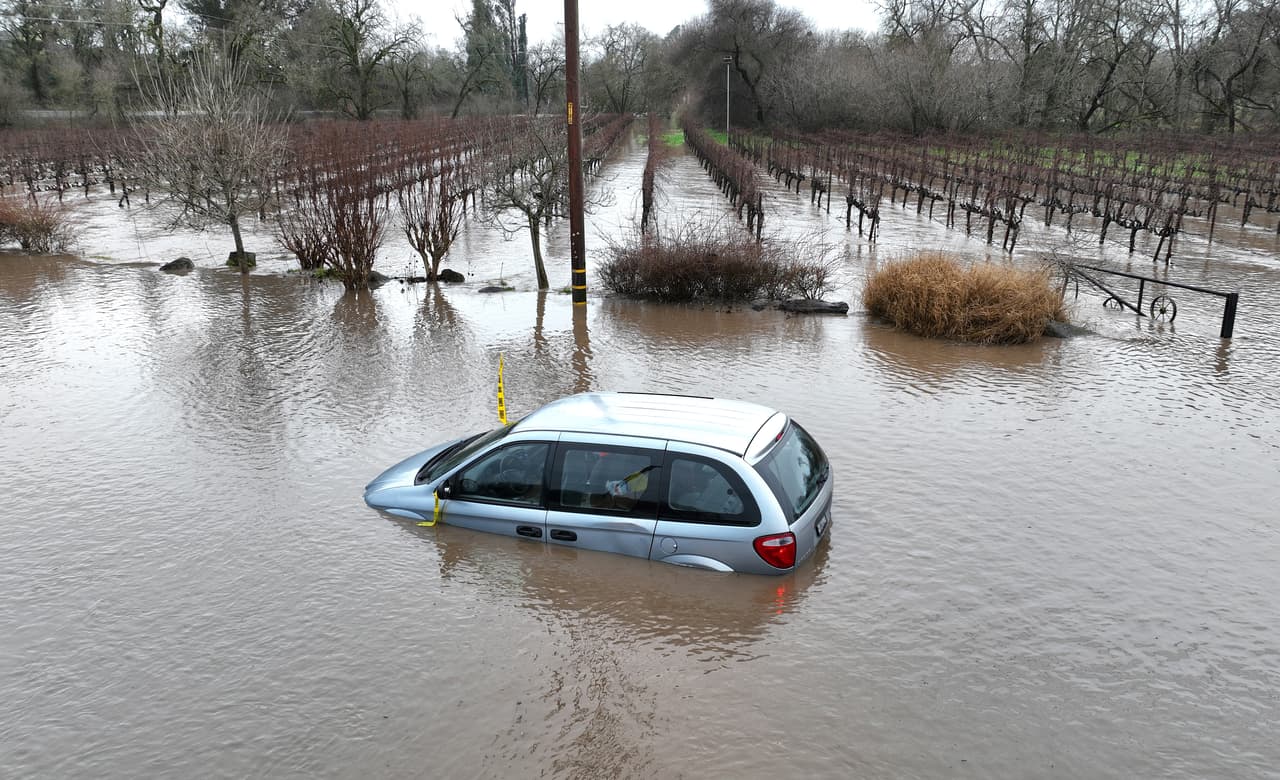 Imágenes captadas por un dron que sobrevolaba la localidad de Windsor muestran varios sectores de los viñedos del norte de California cubiertas bajo el agua.