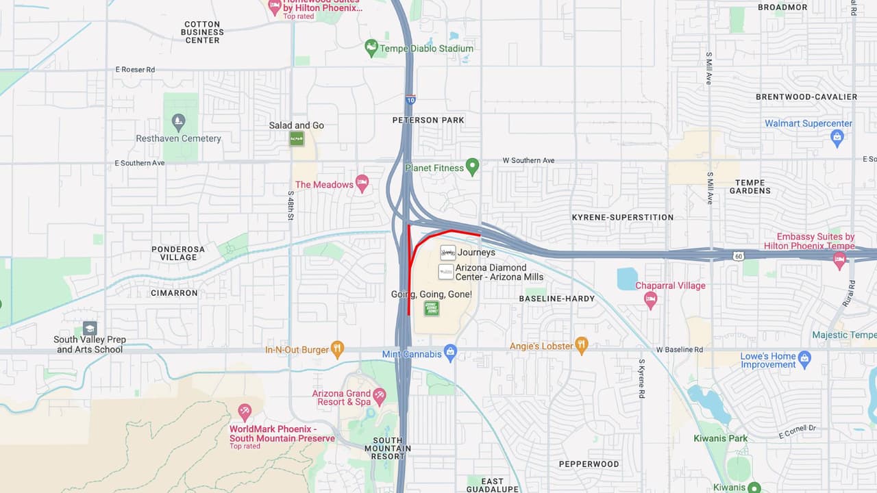 <b>Interestatal 10 oeste</b>
<br>La I-10 en dirección oeste se reducirá a dos carriles cerca de la US 60, desde 10 p.m. del viernes 19 de enero, hasta las 4 a. m. del lunes 22 de enero.
<br>
<br>La rampa de la I-10 en dirección oeste hasta la US 60 en dirección este, y la rampa de entrada de la I-10 en dirección oeste en Baseline Road también cerrarán. 
<br>
<br>
<b>Rutas alternas</b>
<br>Considere salir de la I-10 en dirección oeste en Broadway Road, para ingresar a la I-10 en dirección este y llegar a la US 60 en dirección este.