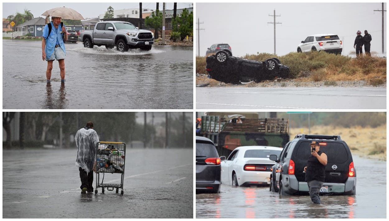Autos volcados y calles inundadas en la ruta de la tormenta Hilary al sur California
