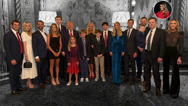 Trump y su círculo familiar más cercano y su nuevo aliado Elon Musk.