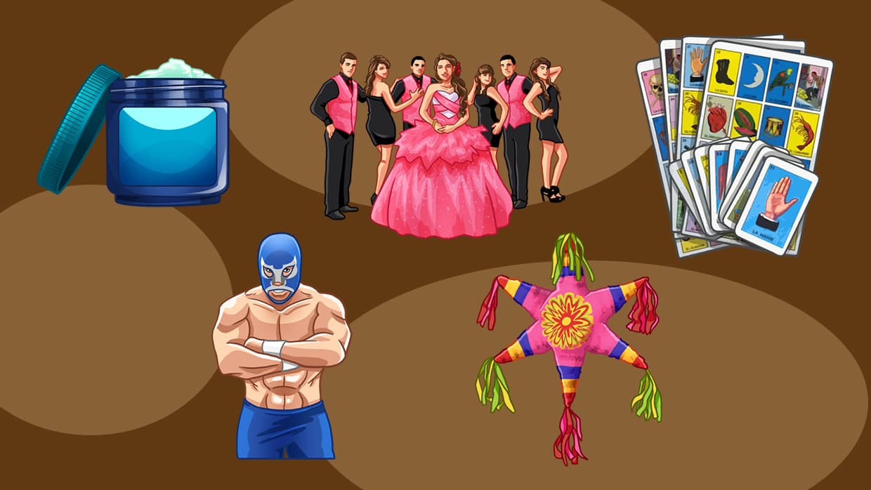 Son tan diversas las imágenes que ahí aparecen que hasta se encuentra ese ungüento que muchos recordamos que mamá nos ponía para todo, la quinceañera, la lotería mexicana, un boxeador y una piñata de seis picos.
