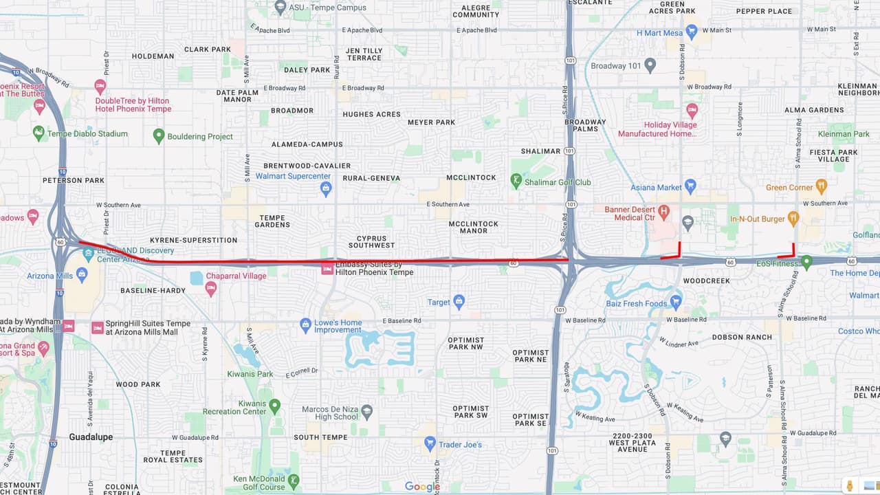 <b>Ruta Estatal 60 oeste</b>
<br>La US 60 en dirección oeste estará cerrada entre Loop 101 y la I-10 desde las 9 p.m. del viernes 9 de agosto, hasta las 5 a.m. del lunes 12 de agosto.
<br>
<br>Las rampas de acceso a la US 60 en dirección oeste en Alma School Road y Dobson Road también estarán cerradas. 
<br>
<br>
<b>Rutas alternas</b>
<br>Las rutas alternativas incluyen Loop 101 en dirección norte hasta Loop 202 en dirección oeste, para acercarse al aeropuerto Sky Harbor o el centro de Phoenix.