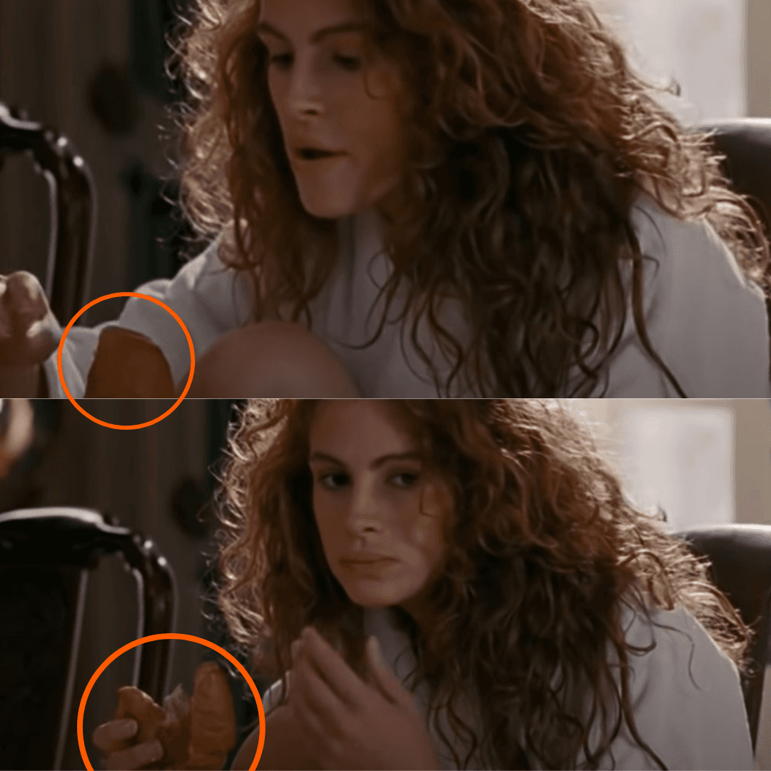 <b>‘Mujer bonita’</b>
<br>En una secuencia de 'Pretty Woman' se puede ver cómo Vivian (Julia Roberts) está comiendo un croissant. La cámara cambia para grabar a Edward (Richard Gere) y cuando regresa a enfocarla ella tiene un hot cake en la mano. Unos segundos después, en la misma escena, se le ve de nuevo con el croissant.