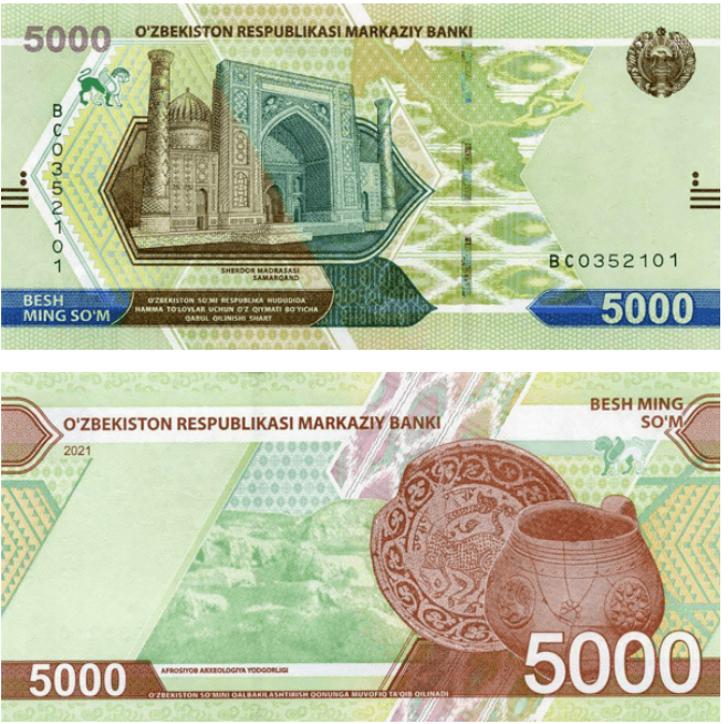 <h3 class="cms-H3-H3">3. Uzbekistán (5,000 soms) </h3>
<br>
<br>Entre el verde, marrón y azul, por delante se puede apreciar un leopardo alado como dispositivo de registro, Sherdor Madrasi en Samarcanda, rutas de caravanas en el mapa de Uzbekistán, motivos textiles y un escudo de armas.
<br>
<br>En la parte trasera
<b>hay un monumento arqueológico de Afrosiyob, una bandeja y jarra del siglo X de Afrosiab, y un diseño de bordado. </b>
<br>
<br>