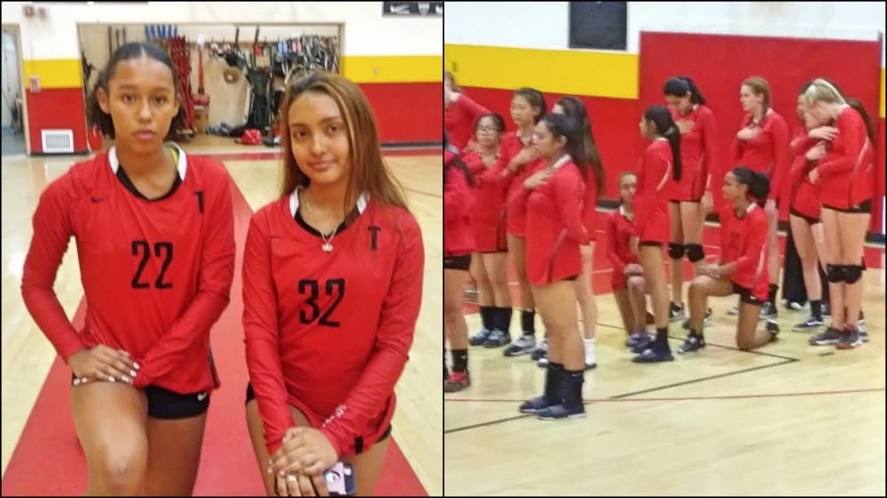 Estudiantes hispanas se arrodillan durante el himno nacional en protesta contra Trump