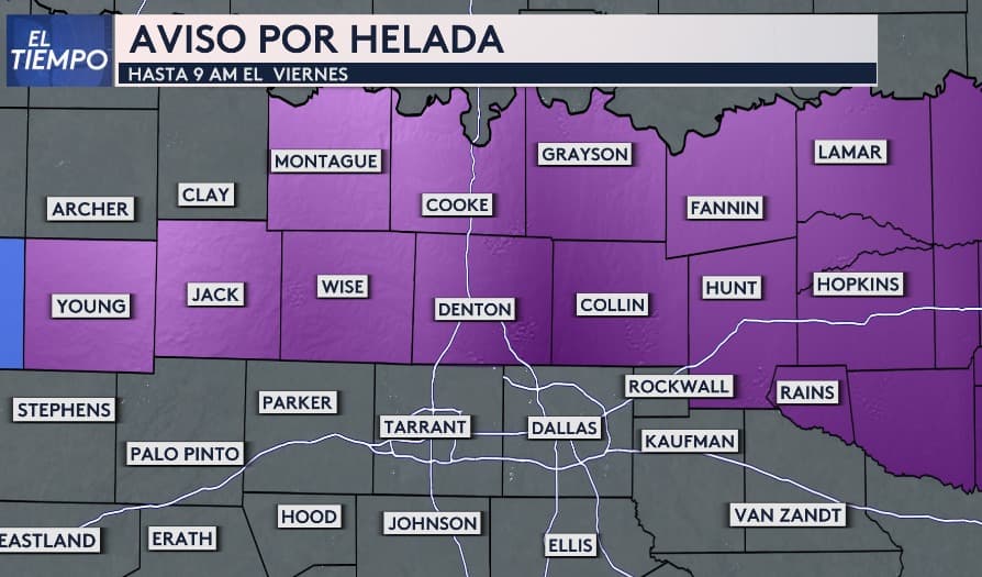 Tenemos un Aviso por Helada para Denton, Collin, Montague, Cooke, Grayson, Fannin, Lamar, Young, Jack, Wise, Hunt, Delta, Hopkins y Rains. Esto significa
<b>que a partir de la medianoche hasta viernes a las 9:00 am, las temperaturas descenderán por debajo de 32° para estas zonas</b> por lo que la vegetación, las tuberías y cultivos podrían verse afectados .