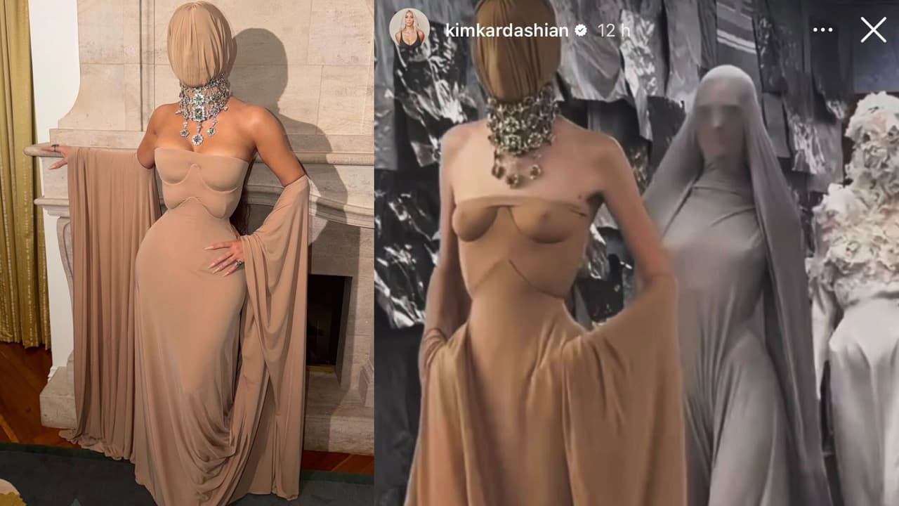 Kim Kardashian mostró la imagen del look cuando fue presentado originalmente en pasarela (izq.).