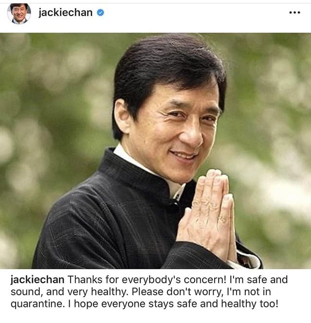 "Por favor, no se preocupen,
<b><a href="https://www.univision.com/shows/despierta-america/tras-desmentir-que-tuviera-coronavirus-jackie-chan-hizo-un-llamado-a-sus-fanaticos-preocupados-video" target="_blank">no estoy en cuarentena</a></b>", advirtió y agradeció a sus fans por preocuparse por su salud.
<br>