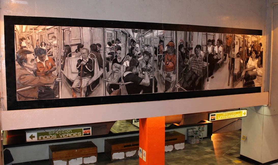 El mural de seis escenas en el metro Víveros de la Ciudad de México.