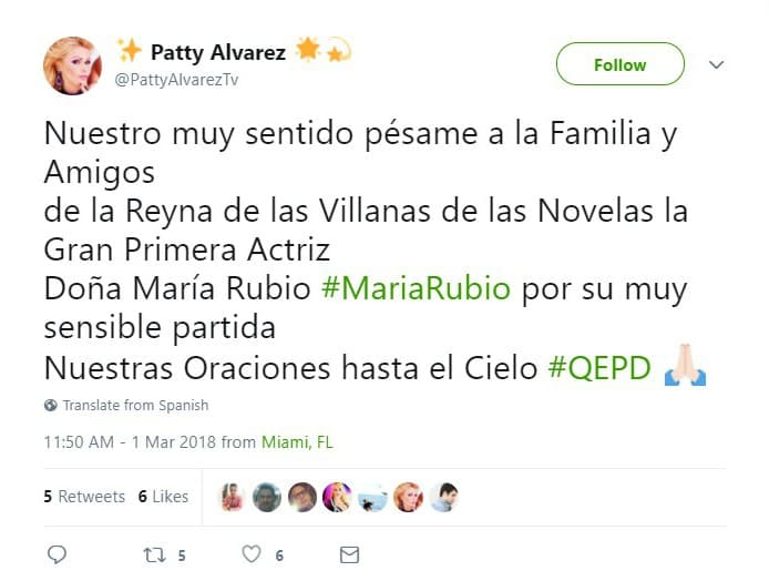 Por esa energía que imprimió a sus personajes de mala, María Rubio recibió los galardones a la Mejor Villana y Mejor Primera Actriz de los Premios TVyNovelas en 1987. En este mensaje Patty Álvarez también la recuerda como la 'Reina de las villanas'.