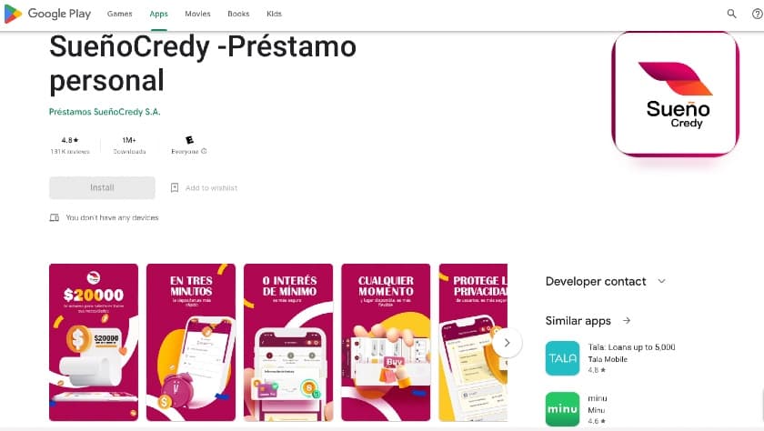 Captura de pantalla tomada de la tienda Google Play el 22 de agosto en la que se anuncia la aplicación SueñoCredy señalada por préstamos y cobranzas irregulares.
