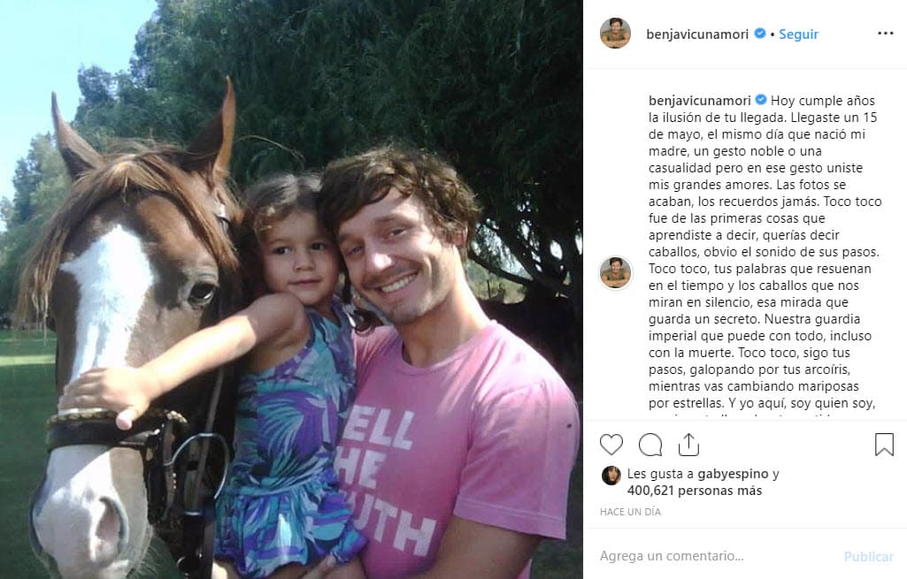 "Hoy cumple años la ilusión de tu llegada. Llegaste un 15 de mayo, el mismo día que nació mi madre, un gesto noble o una casualidad, pero en ese gesto uniste mis grandes amores".