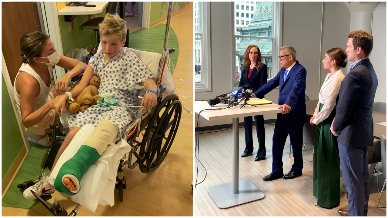 Erin Brewer, madre de George, el niño que cayó de la atracción/ Sus padres junto a sus abogados.