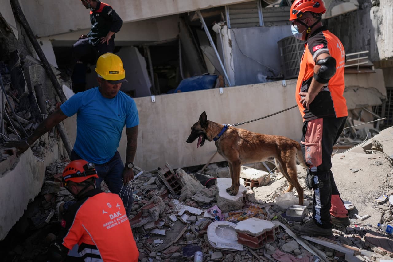 Un rescatista de Turquía se encuentra junto a un perro de búsqueda frente a un edificio donde buscan supervivientes de un terremoto en La Guaira, Venezuela, el lunes 29 de junio de 2026.