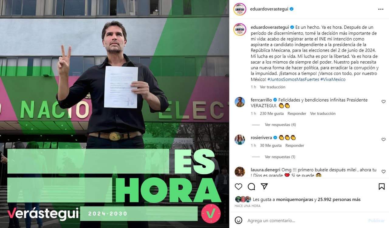 Eduardo Verástegui se registra como candidato independiente para contender por la presidencia de México.