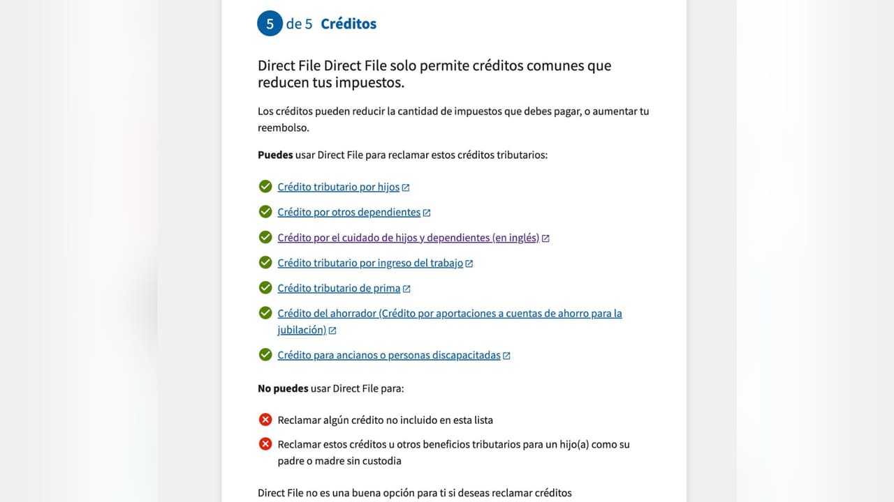 Esta es la lista de créditos que puedes canjear, pero afirman que si no viene en la lista, no puedes usar Direct File.
