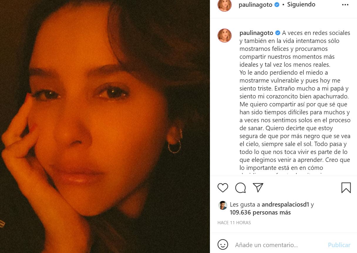 "Le
<b><a href="https://www.instagram.com/p/CUZOM4rrBKM/" target="_blank"> ando perdiendo el miedo a mostrarme vulnerable</a></b> y pues hoy me siento triste", escribió al inicio del pie de la imagen en la que la mirada de sus ojos reflejan su aflicción.
<br>