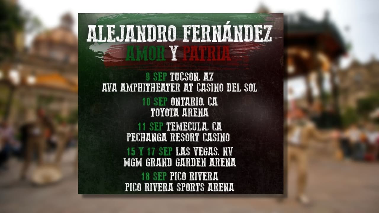 <b>Alejandro Fernández</b>
<br>
<br>El potrillo mexicano, 
<a href="https://www.univision.com/famosos/alejandro-fernandez-y-su-novia-derrochan-amor-en-sus-vacaciones-video">Alejandro Fernández</a>, anunció seis fechas en los Estados Unidos para celebrar las fiestas patrias por la independencia de su país natal México.